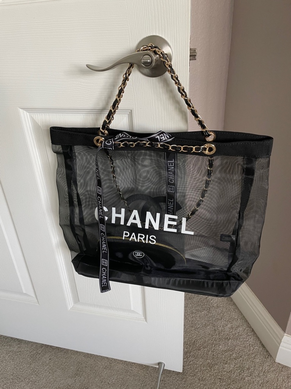 Gift with purchase Black Mesh Paris Tote with makeup bag with Gold Chain Handles